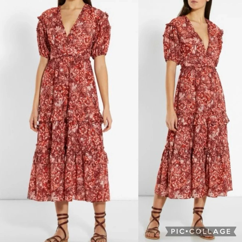 Ulla Johnson Amora Tiered Floral V-neck Tie Back Midi Dress